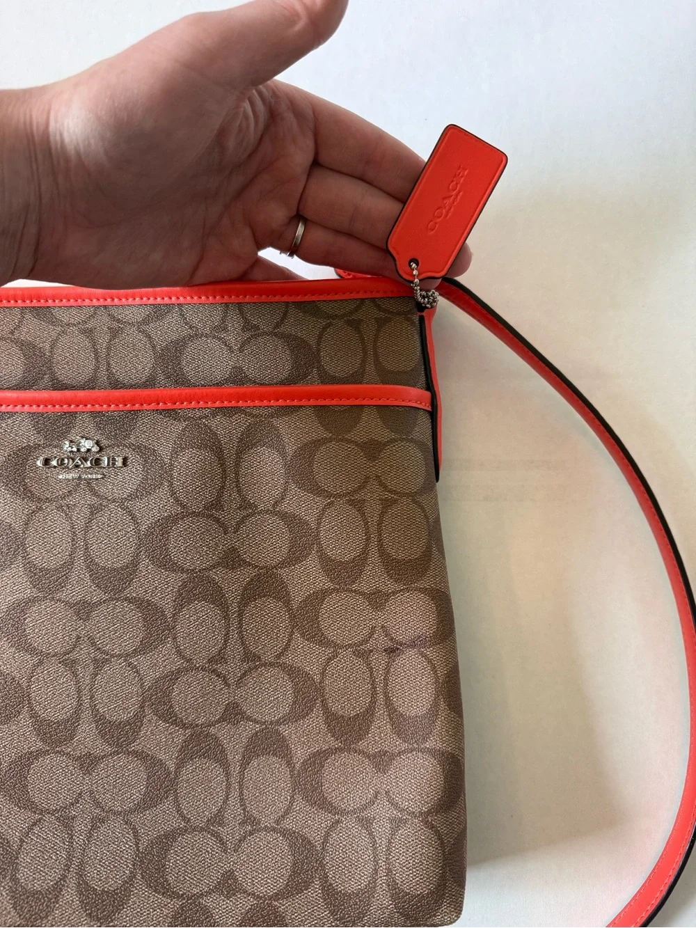COACH Signature File Crossbody Bag (F58297) Brown Khaki, Bright Orange Straps